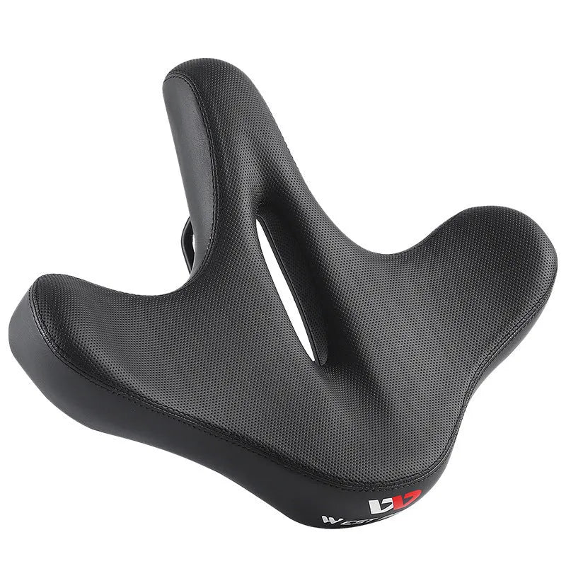 Black leather bicycle saddle cushion with thick foam padding for mountain bikes.