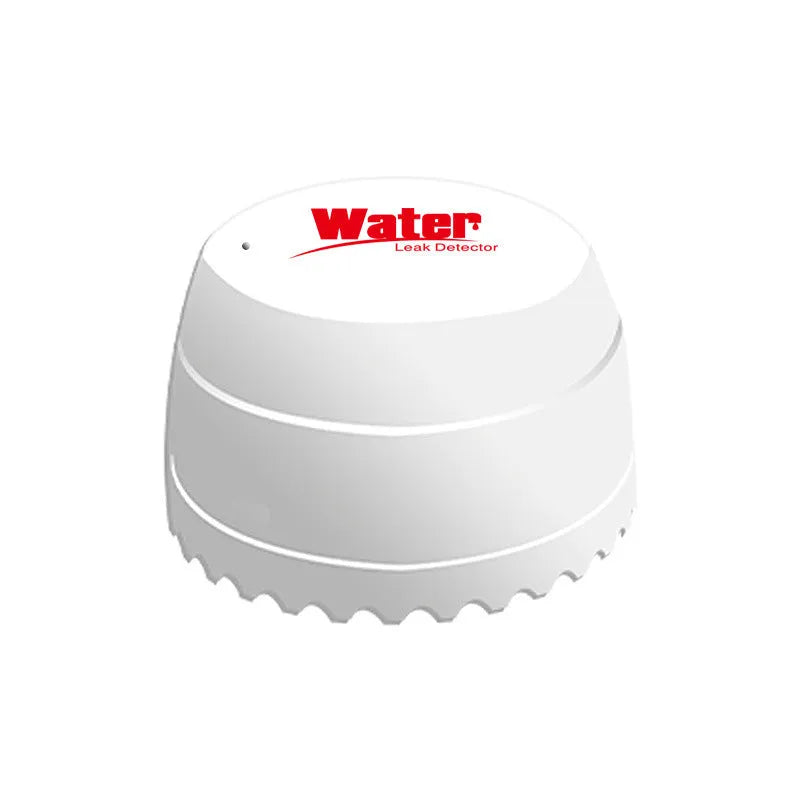 White WiFi smart leakage alarm with buzzer placed on a floor for water overflow detection