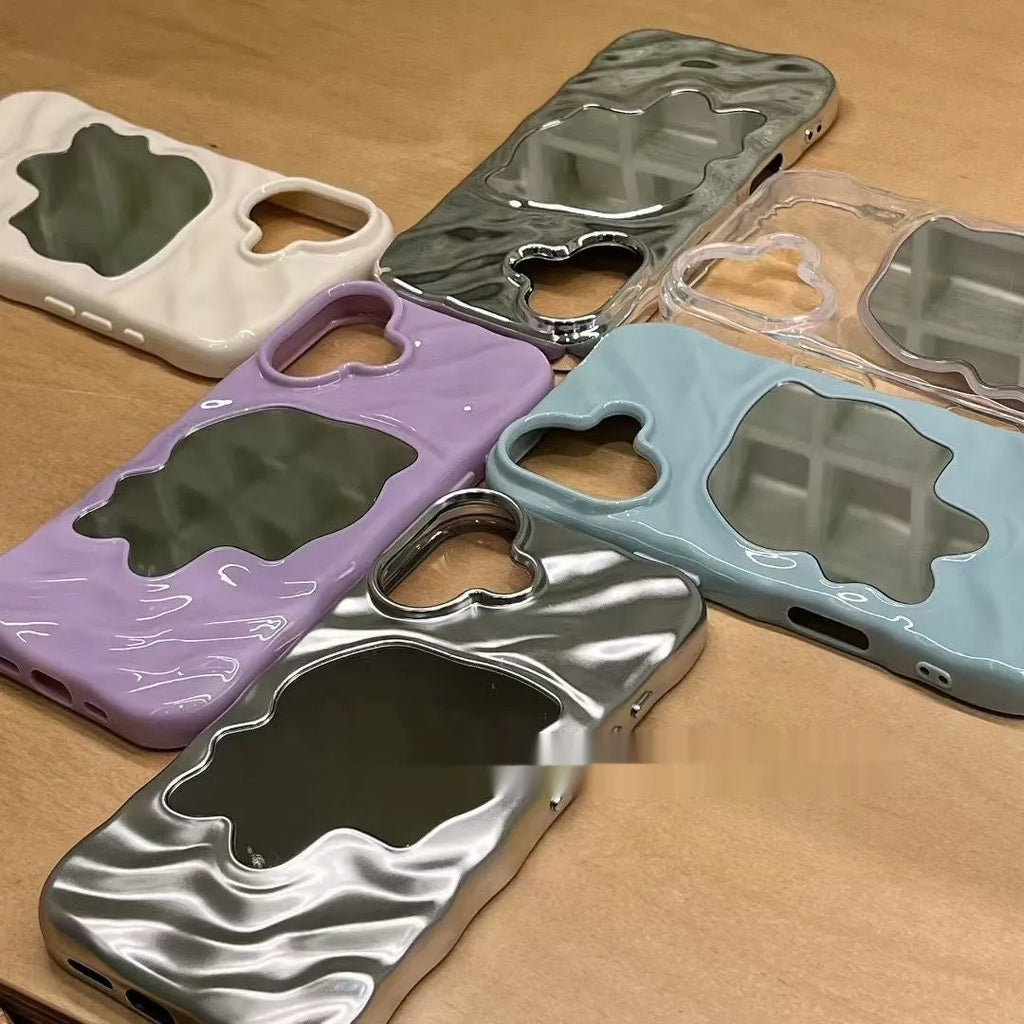 Solid colour iPhone case with water ripple texture and a small mirror, shown on a phone.