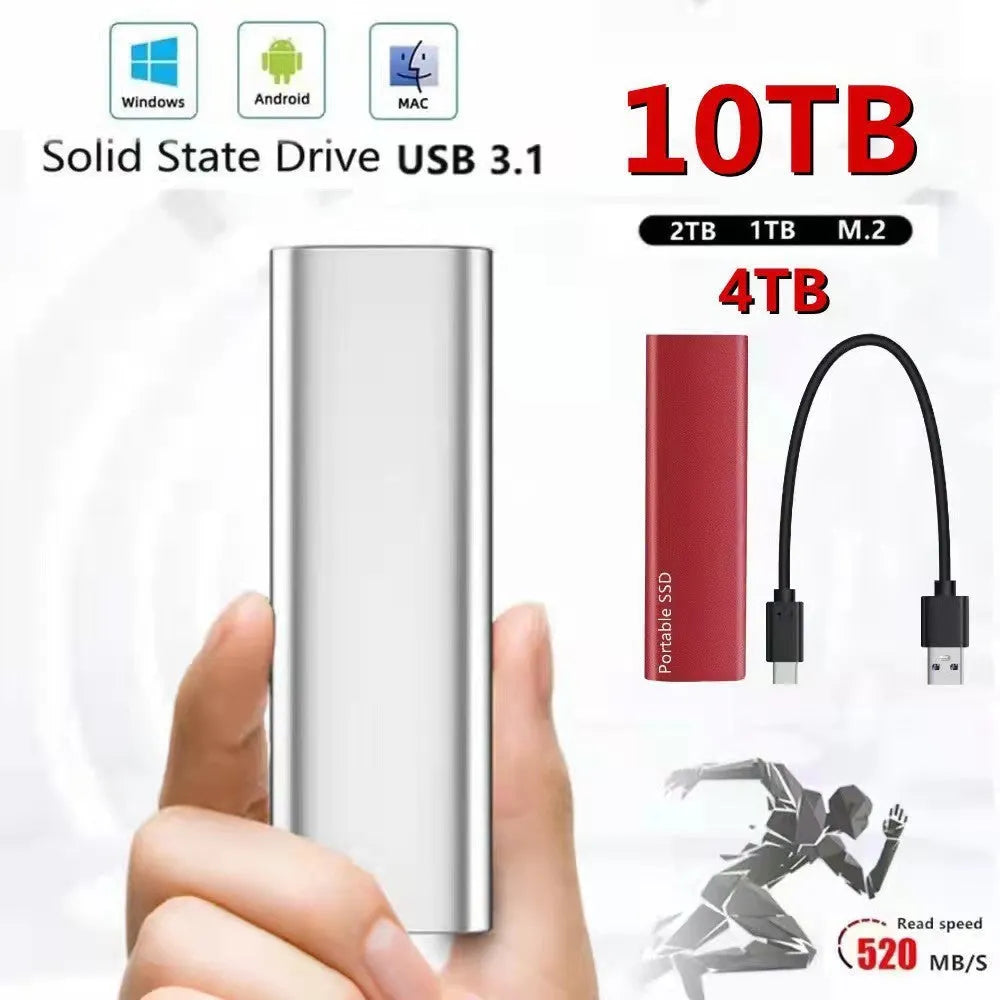 Red portable metal SSD hard drive with ultra-thin design on a grey background.