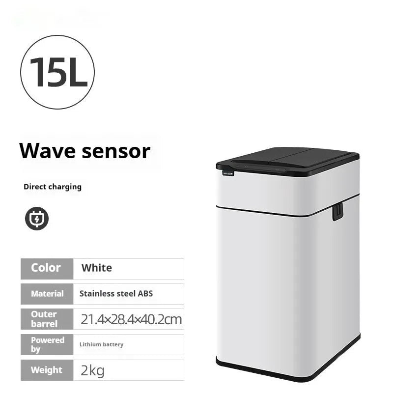 Stainless steel automatic sensor trash can with square bucket and deodorant function.