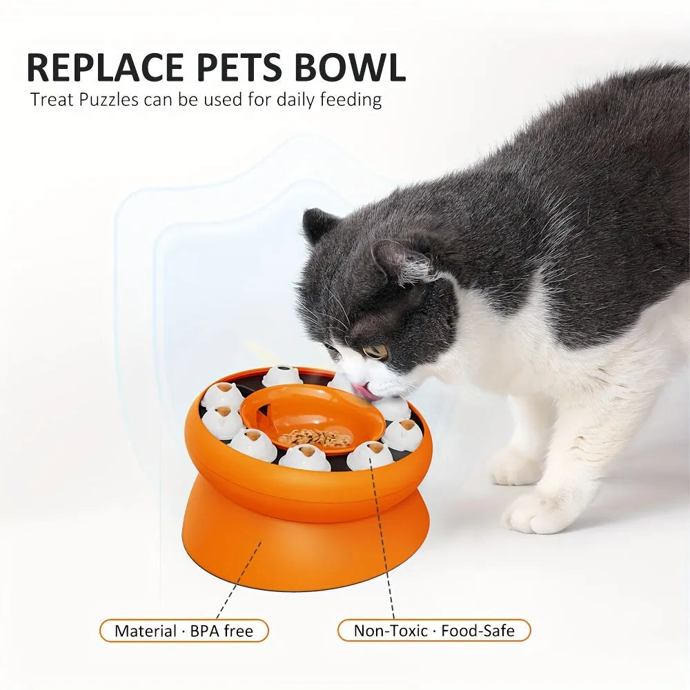 Orange or pink interactive cat slow feeder puzzle bowl with 15-degree tilt