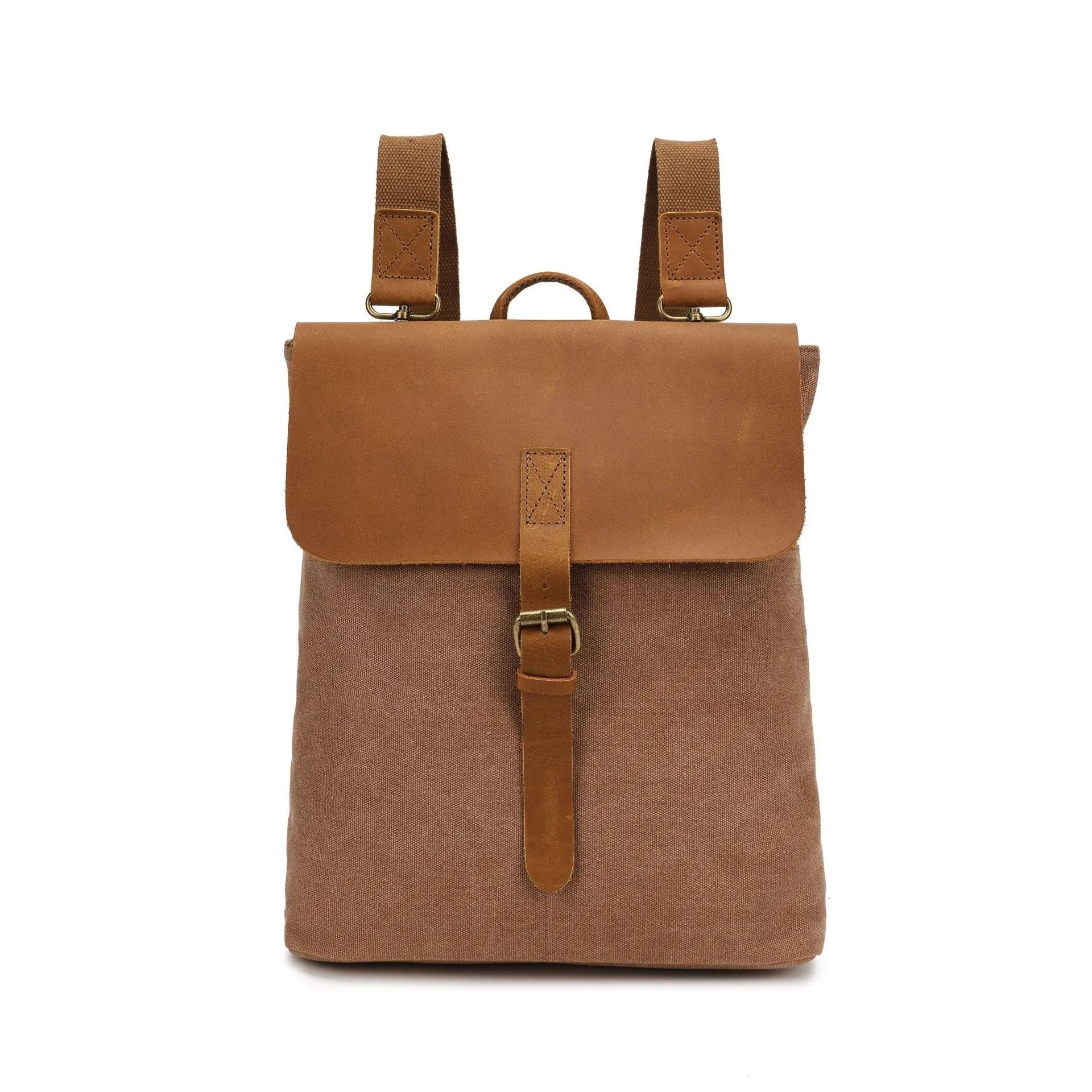 Waterproof canvas student backpack with Crazy Horse leather trim in minimalist design