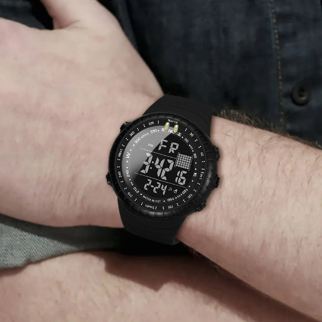 Men's black waterproof electronic outdoor watch with large dial on a PU strap.