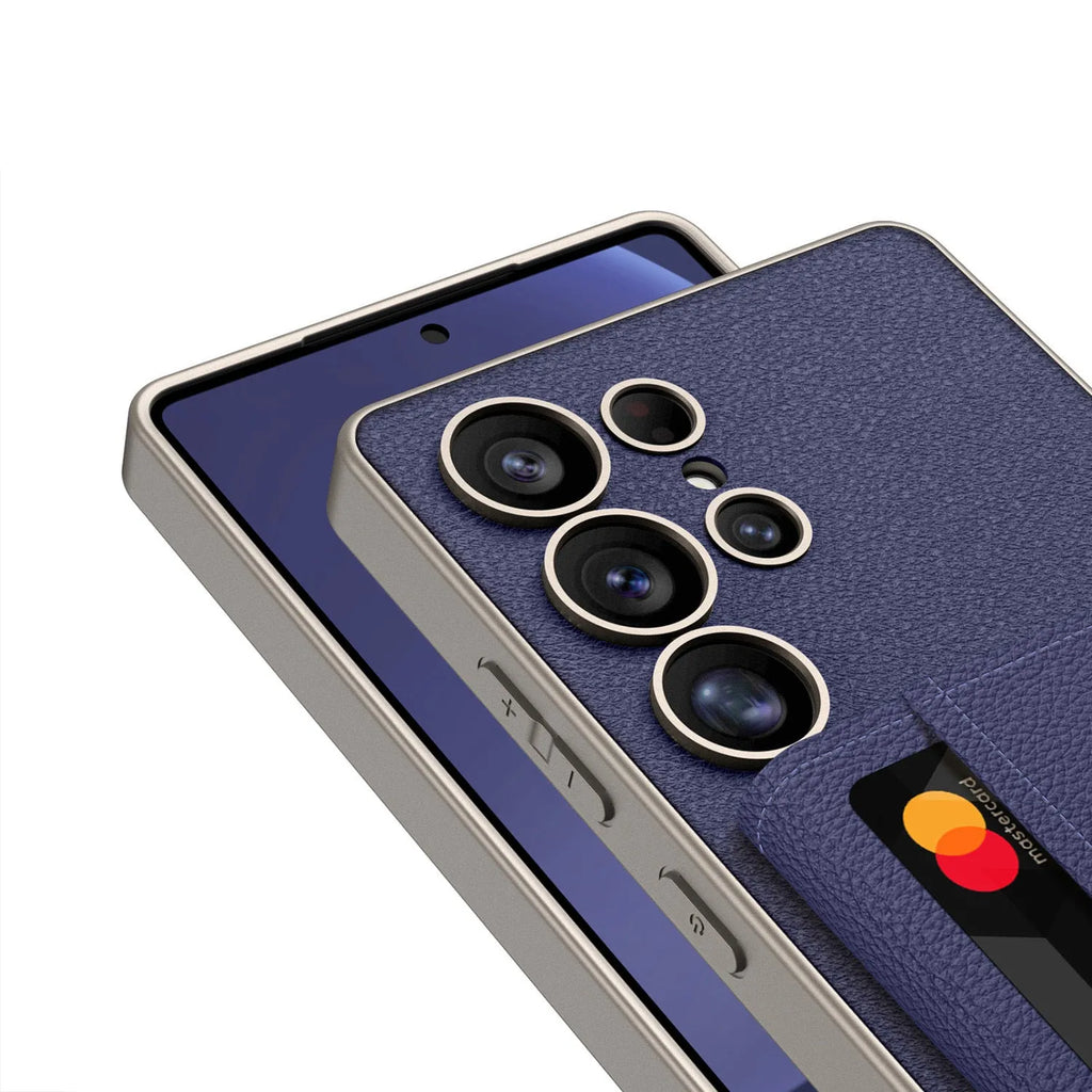 Built-in wireless charger magnetic split wallet phone case with stand for Samsung S24Ultra in plain leather frosted finish, Titanium Black colour