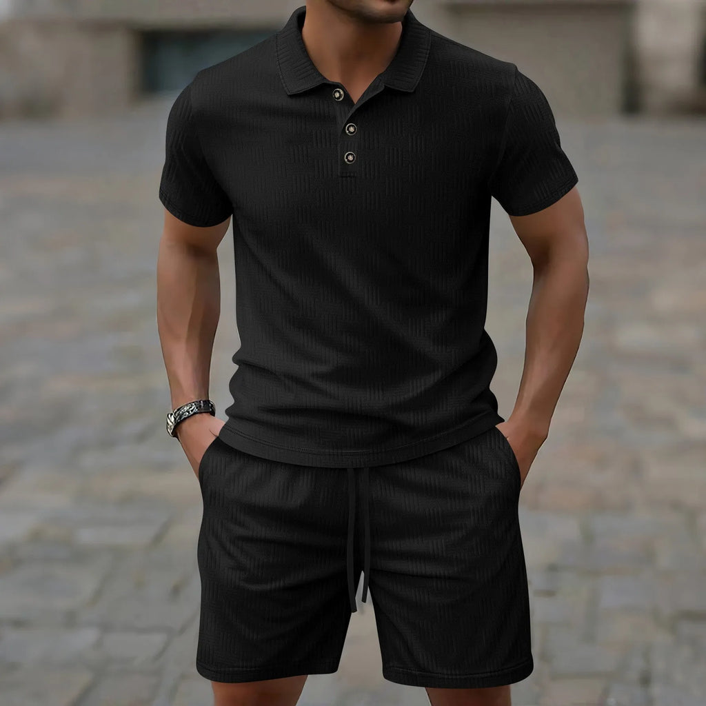 Men's solid colour Jacquard short sleeve casual suit with matching shorts on a hanger.