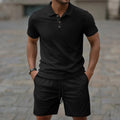 Men's solid colour Jacquard short sleeve casual suit with matching shorts on a hanger.