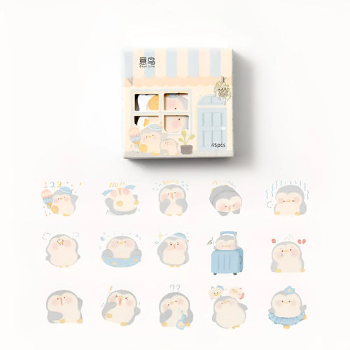 Cute penguin design account stickers on paper, showing 20-50mm width range.