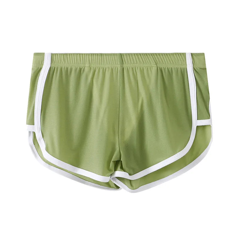 Men's low waist boxer shorts in ice silk fabric, shown in various colours including black, army green, and light purple