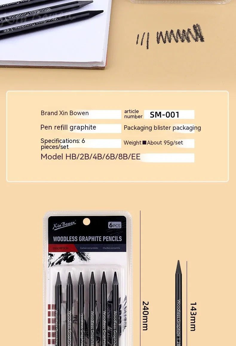 Set of six graphite sketching pencils with grades labelled HB, 2B, 4B, 6B, 8B, and EE.