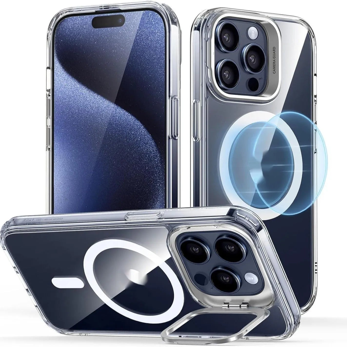 Magnetic phone case Qiahui with invisible bracket for iPhone 15 Pro Max, transparent white TPU