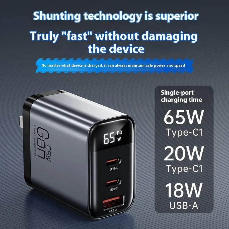 Gallium nitride three-port 65W charger with smart digital display in black, showing Type-C port