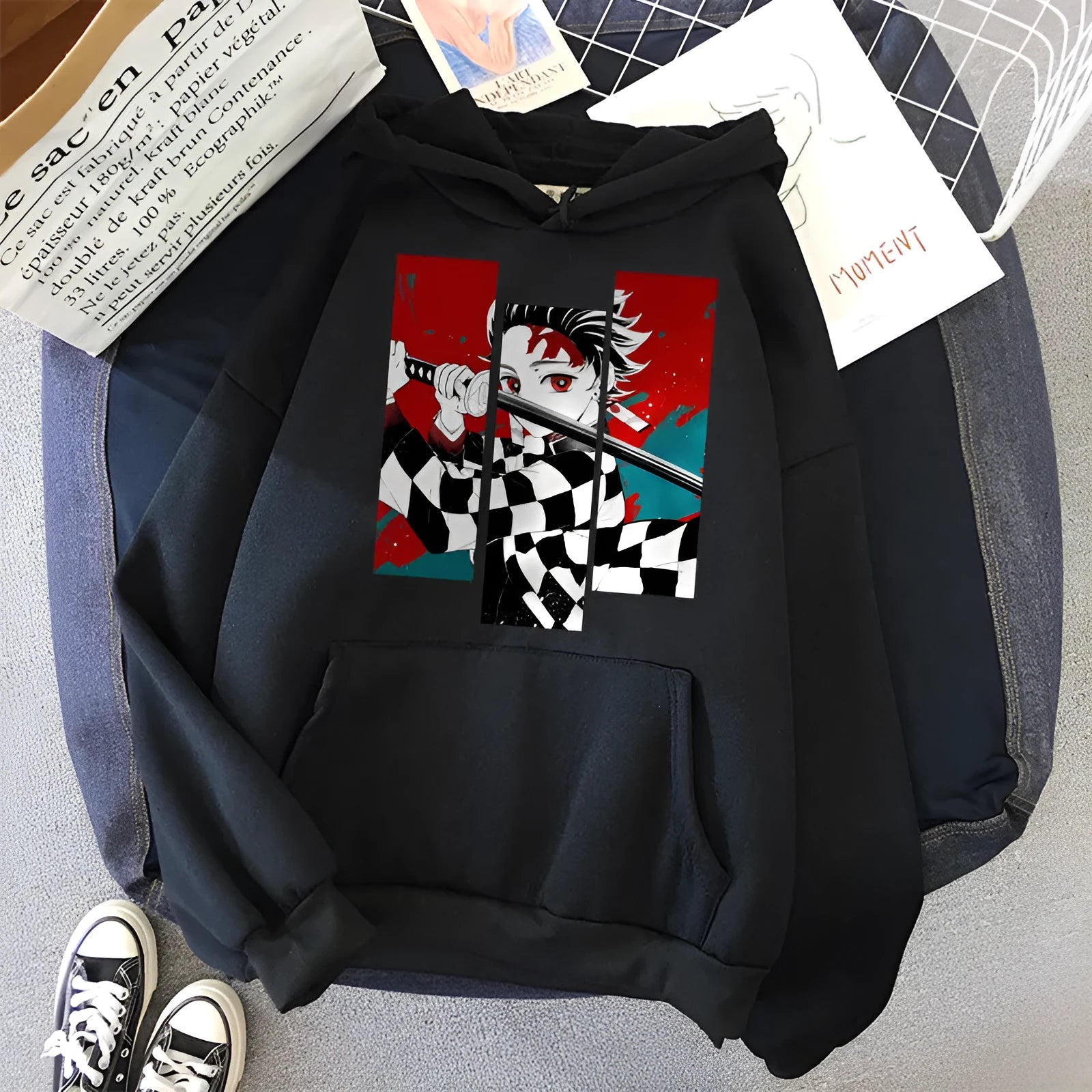 Anime print loose fit hooded sweatshirt in khaki for men and women, Harajuku street fashion style