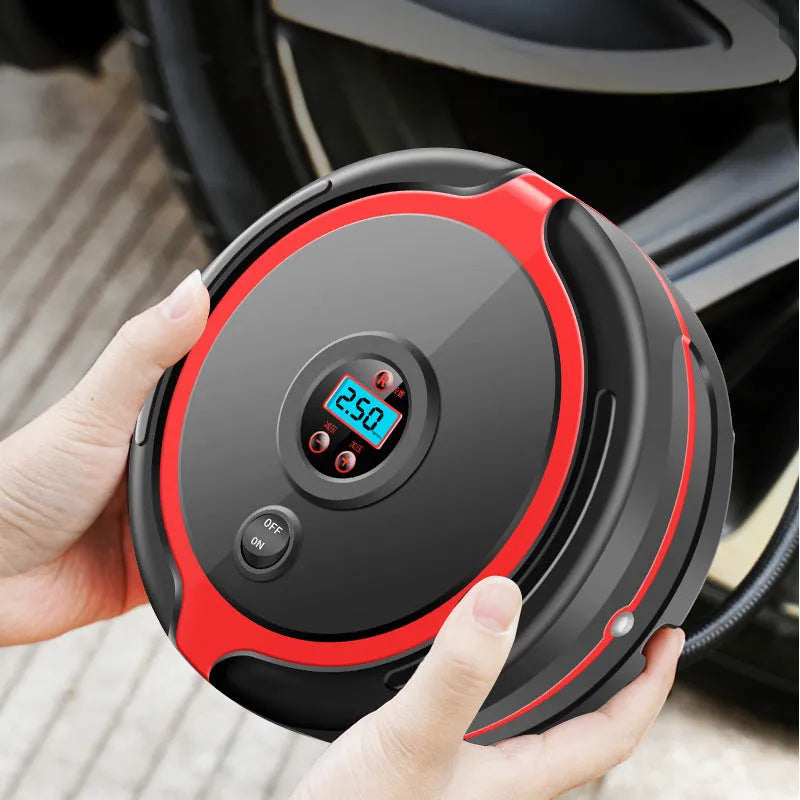 Portable 260 PSI digital car tyre inflator with rubber hose and black plastic body on white background