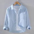 Men's simple casual linen long sleeve shirt in blue, front view, available in multiple sizes