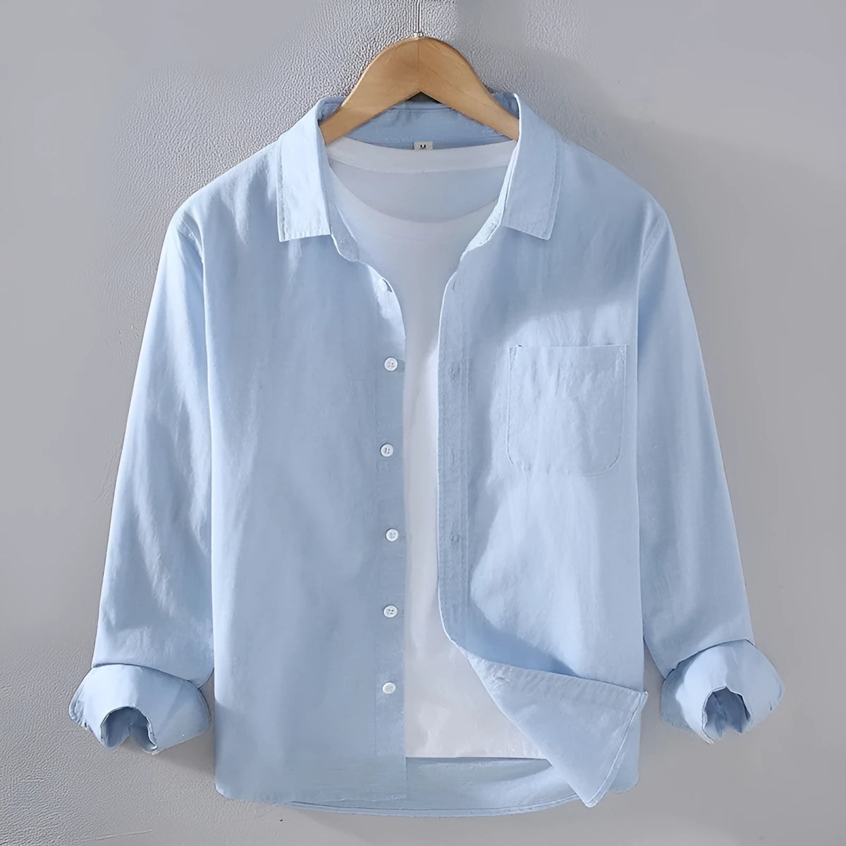 Men's simple casual linen long sleeve shirt in blue, front view, available in multiple sizes