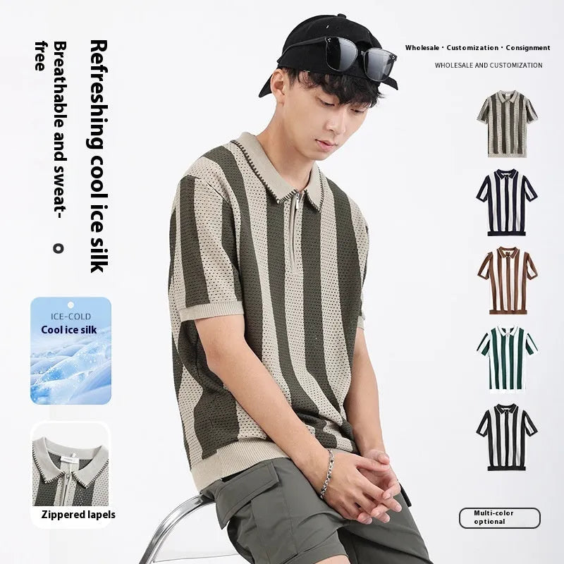 Men's striped short sleeve summer sweater with zipper decorations in viscose fabric