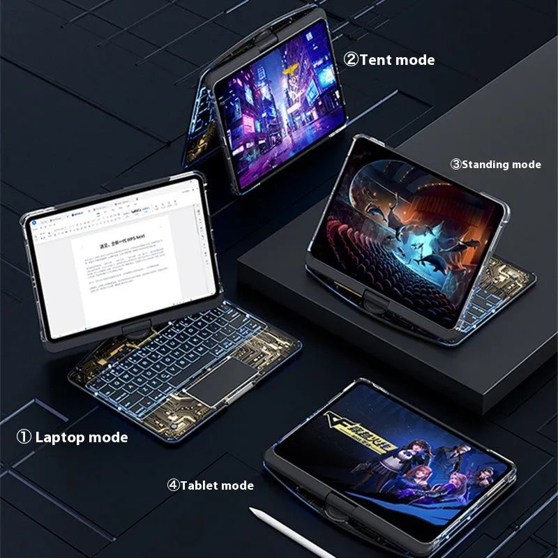 360 swivel transparent keyboard case for iPad with trackpad and pen slot, showing open position
