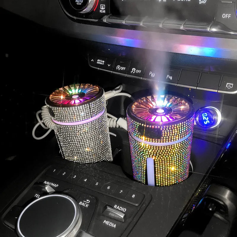 Diamond design car humidifier with LED lights showing 15cm size and USB power port