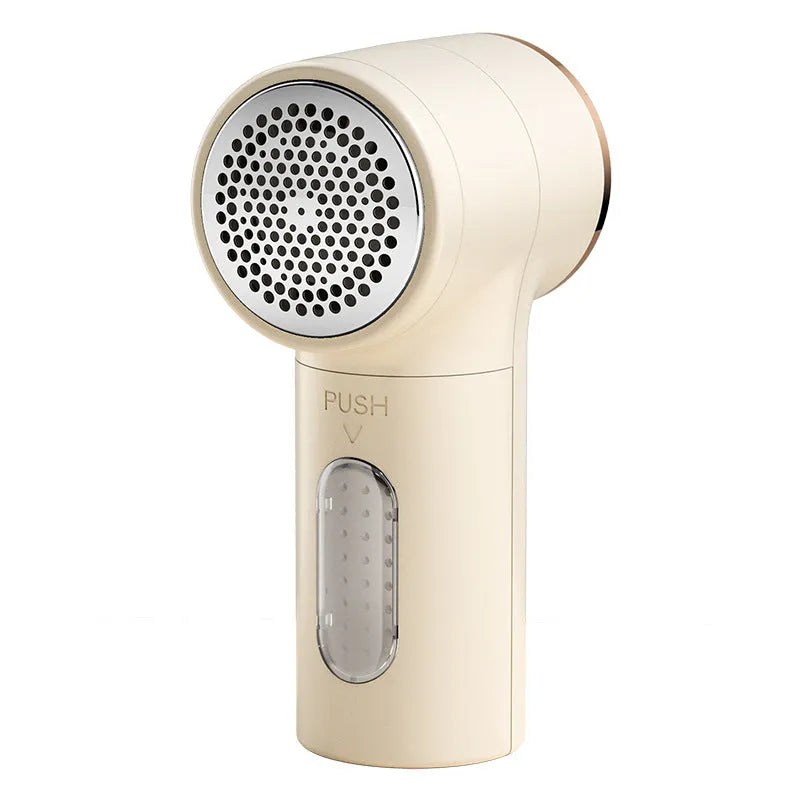 Fur ball trimmer with digital display in ivory white ABS, shown with Type-C cable, spare blade, and cleaning brush