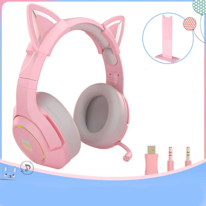 Pink cat ear wired headphones with microphone and LED lights on a stand