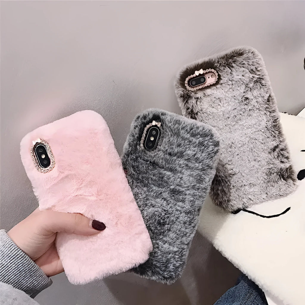 Rabbit hair silicone phone case with rhinestones for Apple iPhone, grey plush back cover