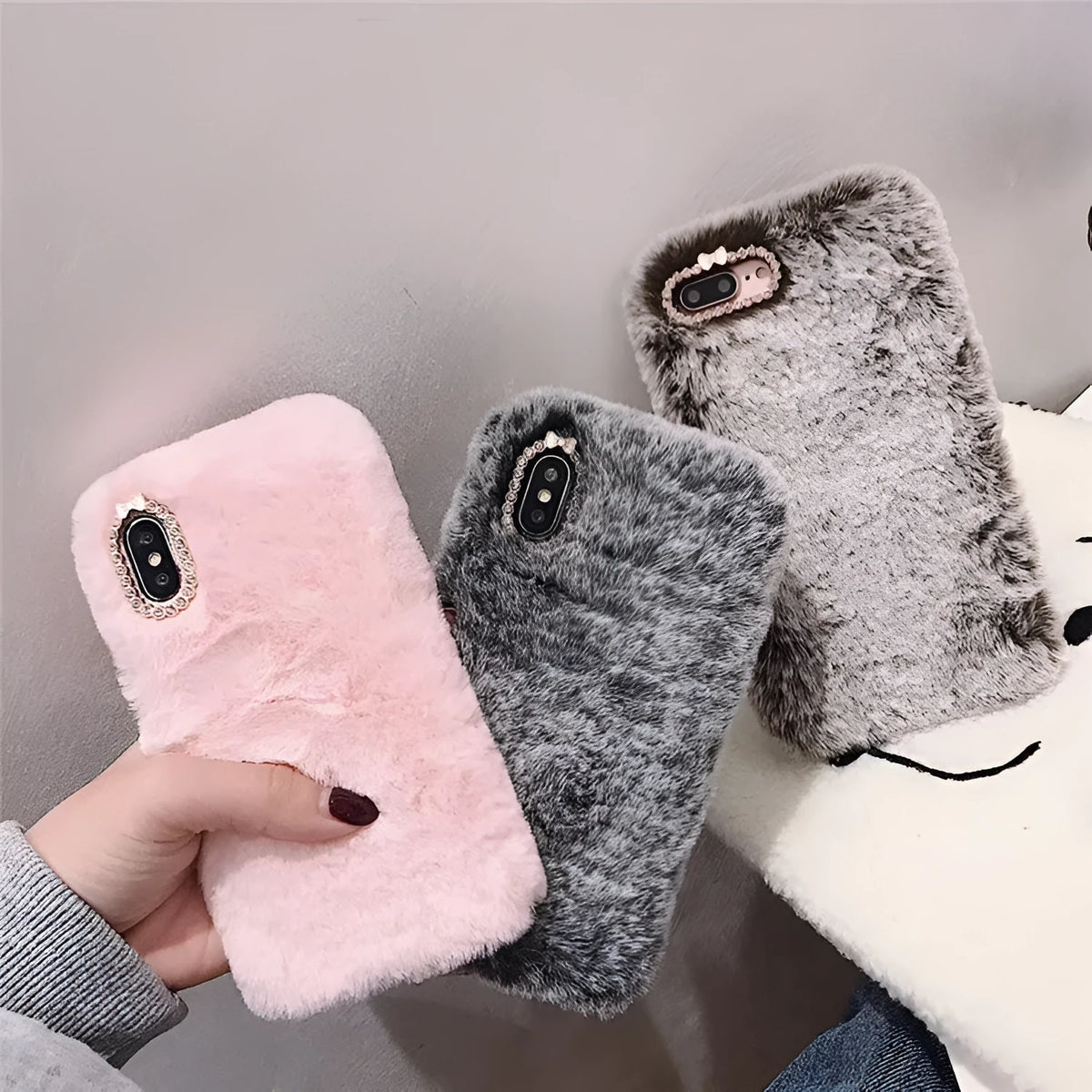 Rabbit hair silicone phone case with rhinestones for Apple iPhone, grey plush back cover