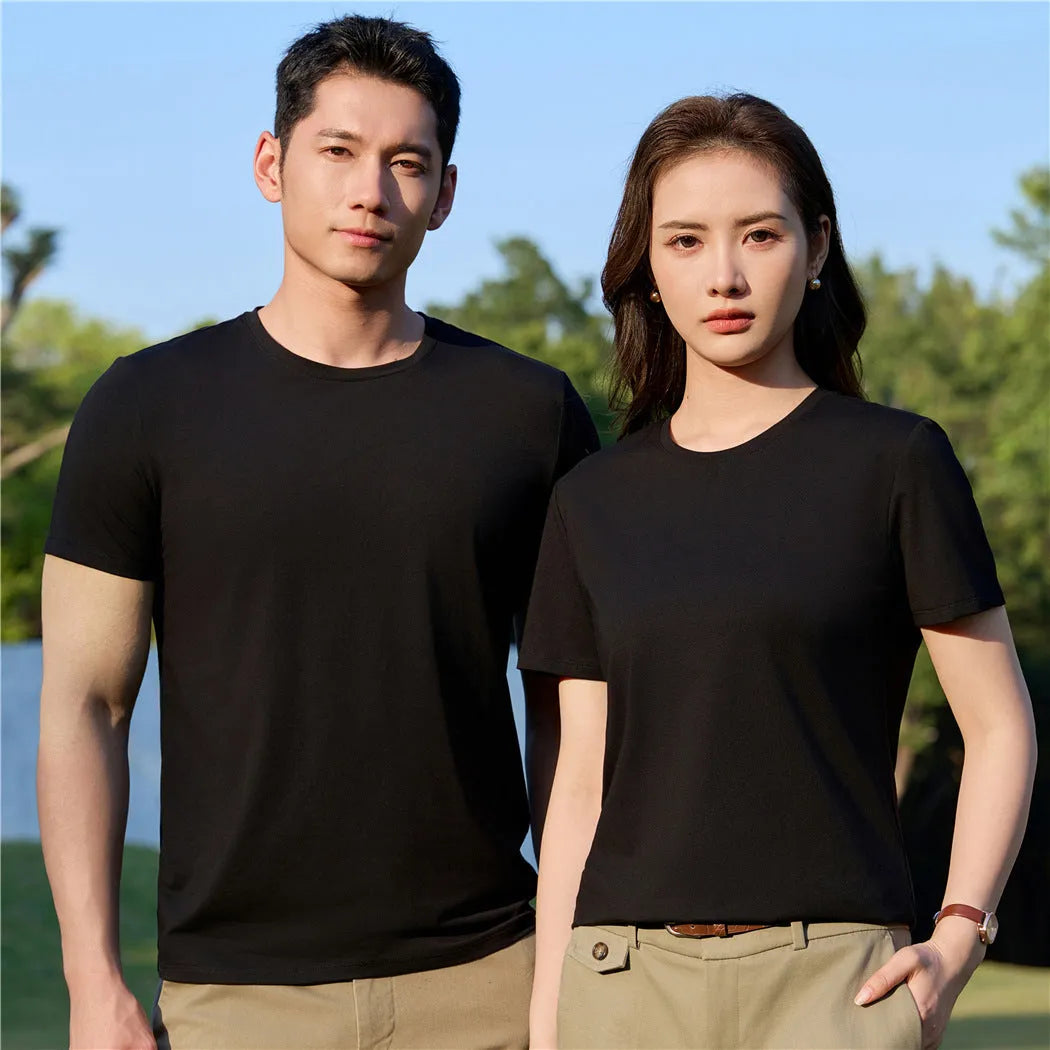 Mercerised plain weave modal short-sleeve round neck top in solid colour, pullover style