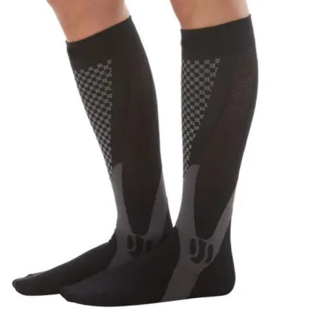 Graduated compression socks for men and women in black, shown in S/M, L/XL, and XXL sizes.