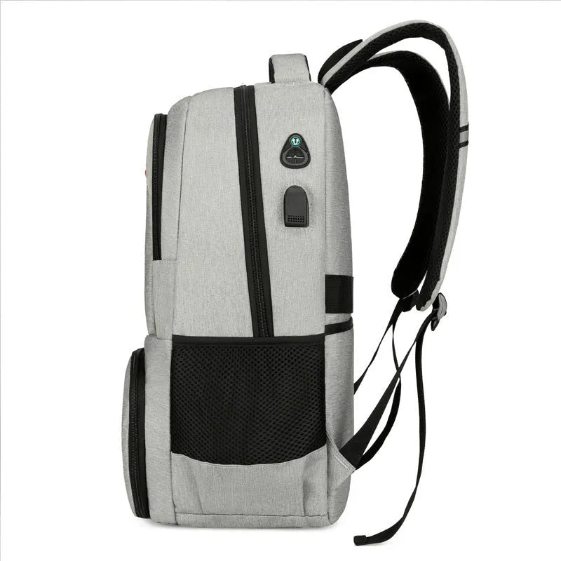 Oxford cloth insulated backpack with curved shoulder straps showing dry-wet separation compartments in light grey colour
