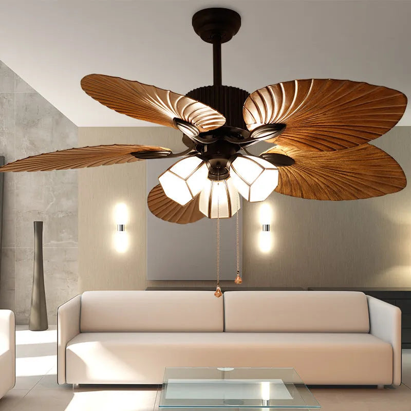 Palm-leaf fan vintage chandelier with wooden glue leaf blades and copper lampshade, 52-inch size