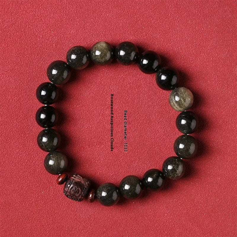 Golden obsidian vintage life bracelet with 10mm hand-woven beads and national style elements