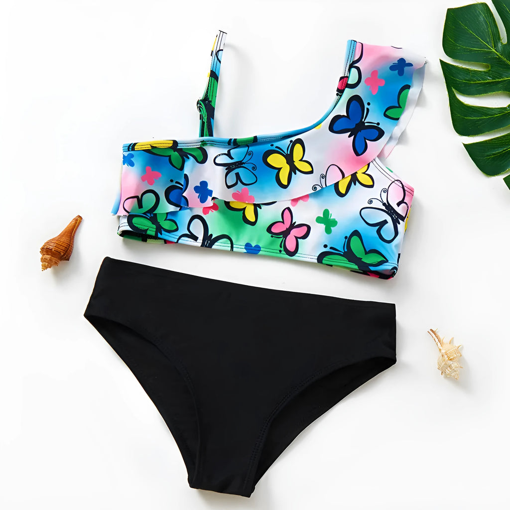 Girls' two-piece swimsuit with oblique shoulder strap, split design, polyester fabric, in butterfly, graffiti, or lemon yellow.