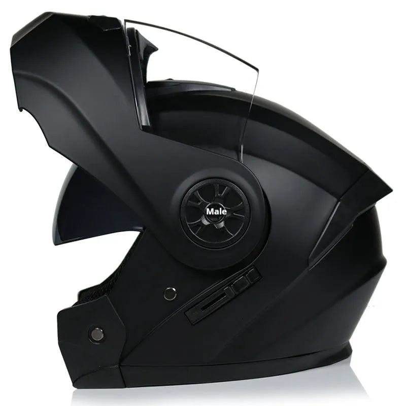 Matte black full face battery helmet for adults in sizes S M L XL on a white background.