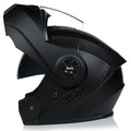 Matte black full face battery helmet for adults in sizes S M L XL on a white background.