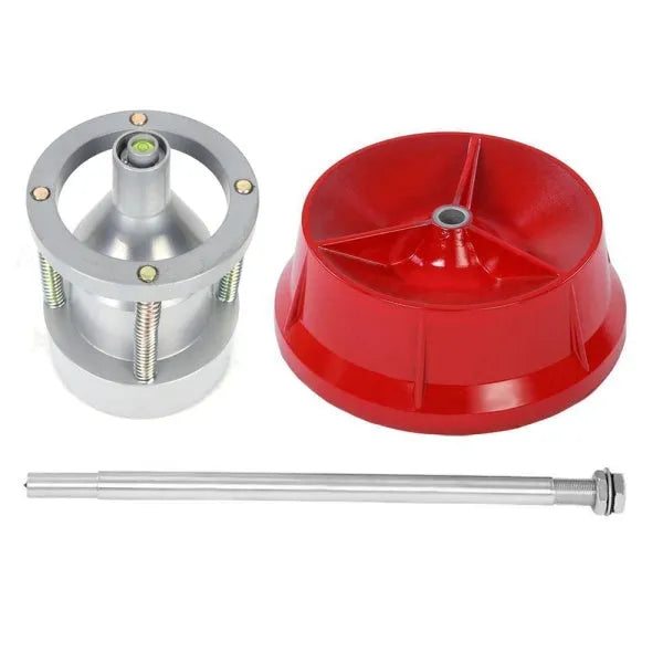 Portable wheel hub balancer with aluminium head and bull's eye level on an enamel base.