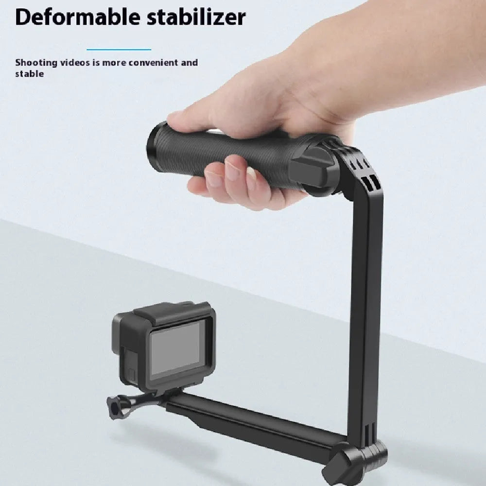 Black portable folding tripod for GoPro action cameras with collapsed storage design