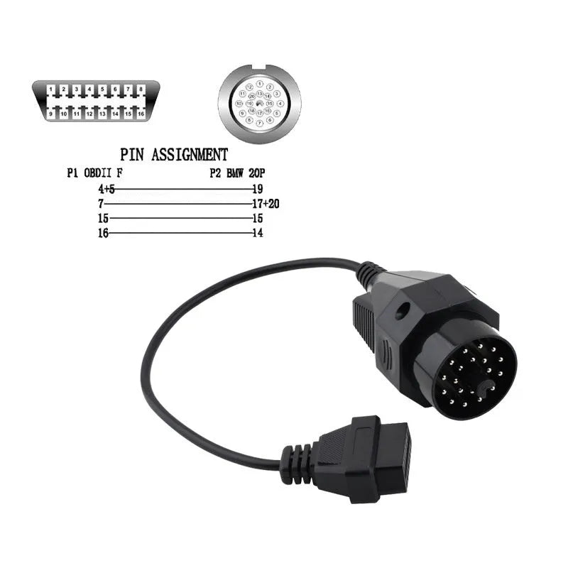 OBD2 adapter cable with a BMW 20-pin connector on one end and a standard 16-pin OBD2 connector on the other.