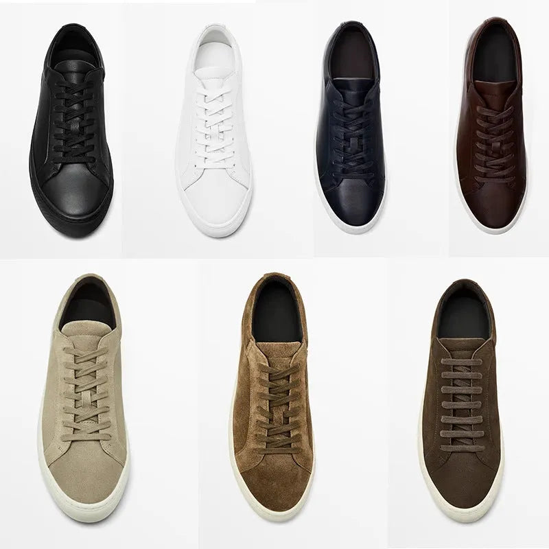 Simple lace leather casual sneakers with flat bottom, low top, available in black leather and other colours