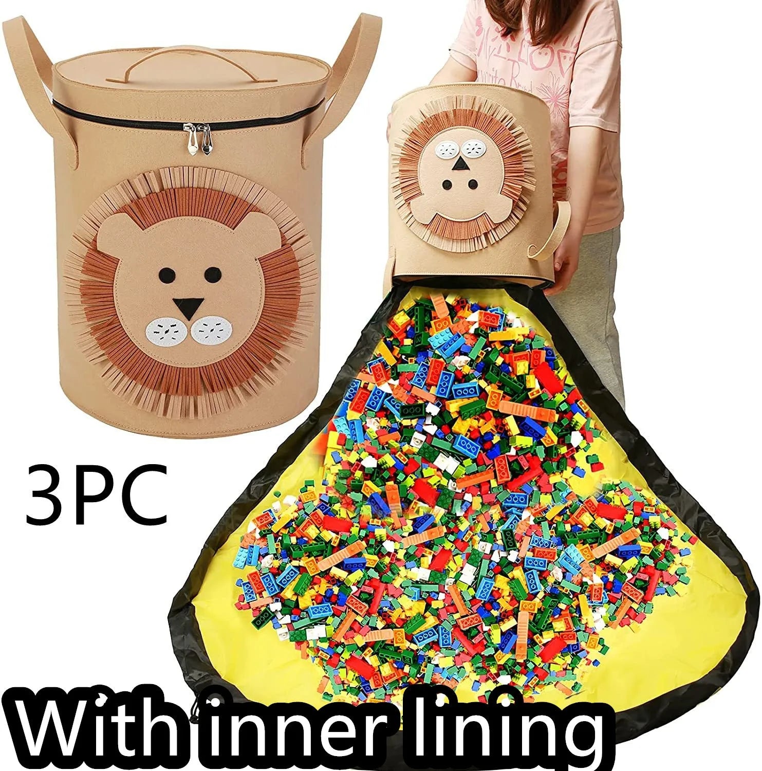 Green felt cube storage bag with pull rope, shown both as a flat play mat and gathered toy bag