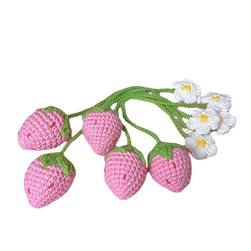 Wool crochet woven strawberry pendant necklace with 35cm length in pink or red