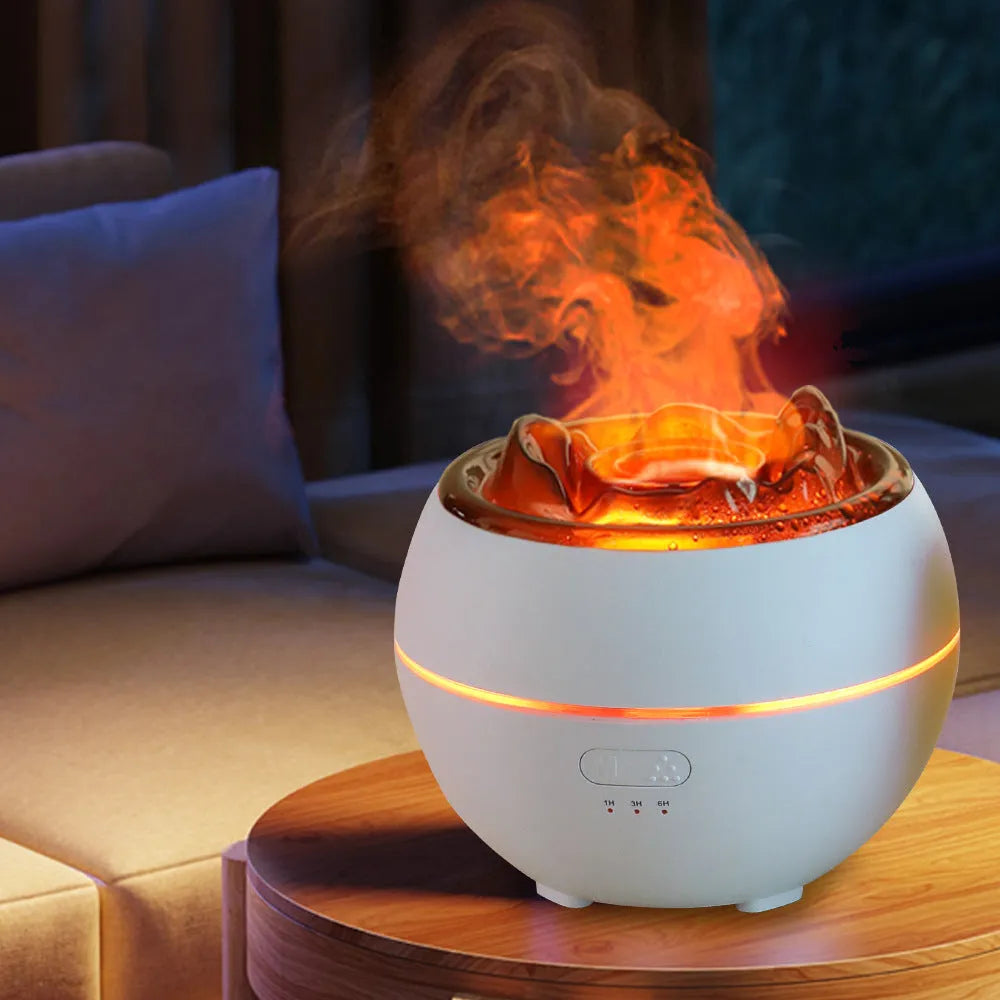 White and black ultrasonic aroma diffuser humidifier with round design and mechanical controls on a desk.
