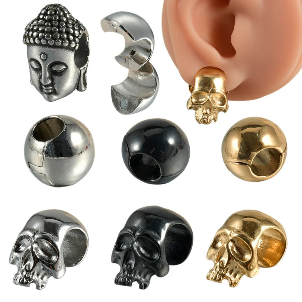 Stainless steel hollow skull and Buddha geometric earrings in electroplated colours.