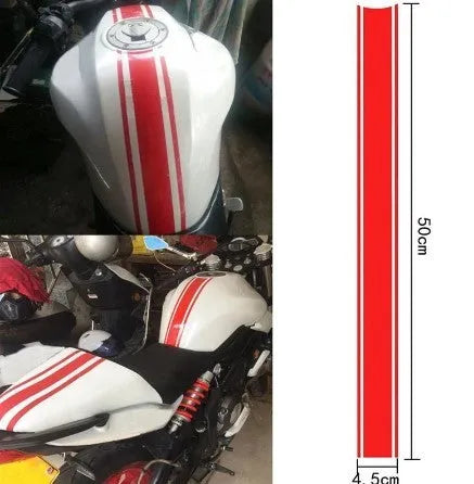 Motorcycle reflective pinstripe sticker measuring 50cm by 4.5cm in four colour options