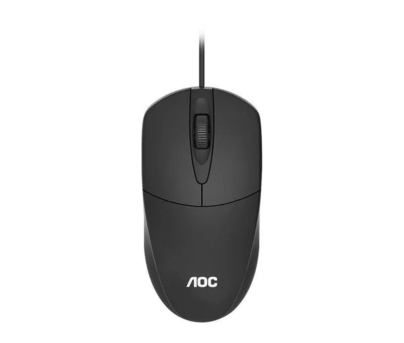 Black AOC-MS121 wired USB optical mouse on a desk for office use