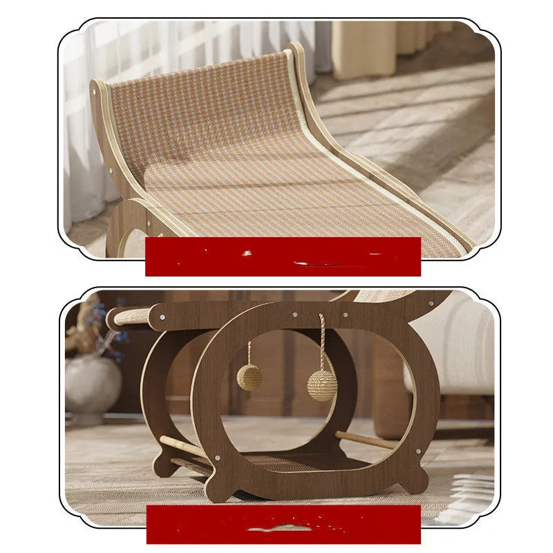 Solid wood rectangular cat scratching mat with natural sisal rope top, shown in a light wood finish.