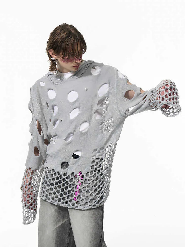 Black men's loose-fit hollow knit hoodie with a pullover design and pearl-like buttons on the hood.