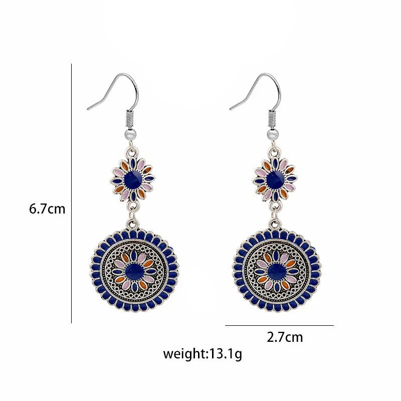 Exaggerated retro bohemian round sunflower drop earrings in blue colour option