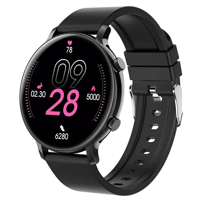 Black Bluetooth smartwatch with stainless steel strap showing call screen and heart rate monitor
