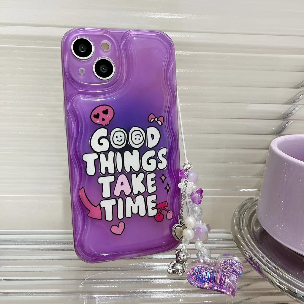 Purple English graffiti love pendant iPhone 14 mobile phone case with bracelet attachment and TPU soft shell construction